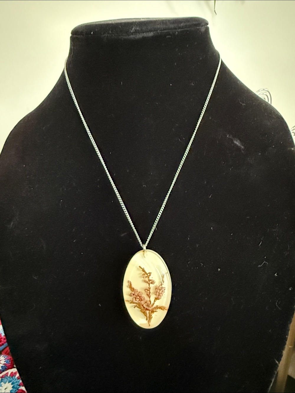 Resin Oval Pendant Necklace with Preserved Flower - Silver Chain